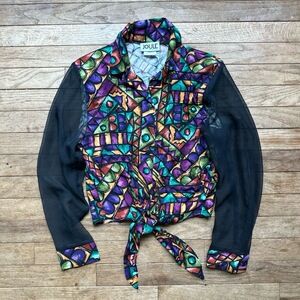 Joule Energy Vintage Retro 80s Blouse Small‎ Multi Sheer Tie Front Geometric